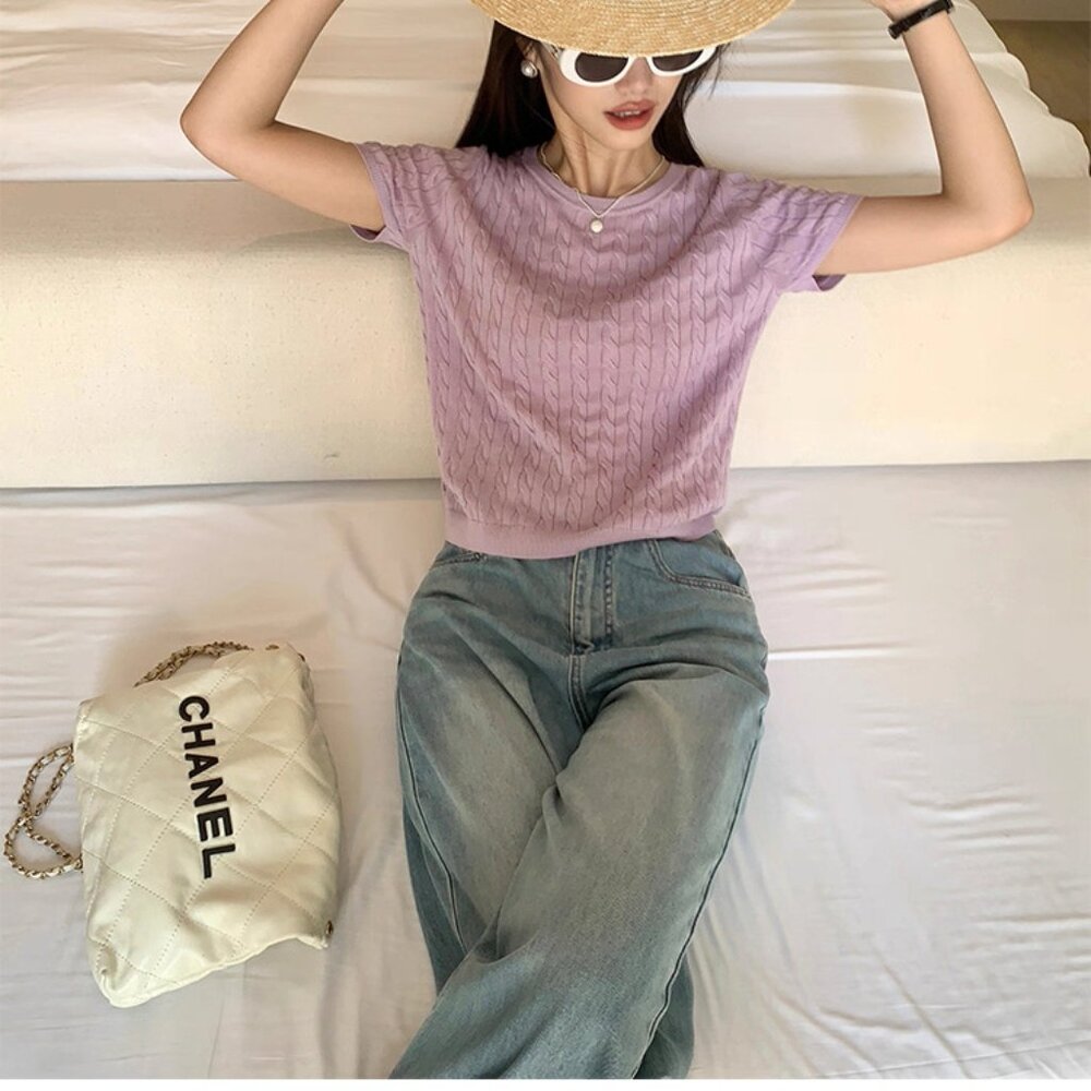 Loose Fit Crew Neck Short Sleeve Knit Top – Lightweight Vintage Cable Style